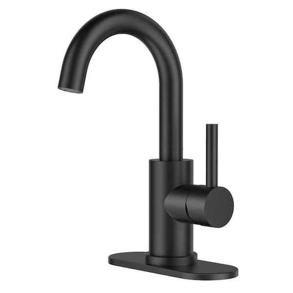Single Handle Modern Arc Bathroom Sink Faucet with Drain and Deck Plate Included, Spot Resistant in Matte Black​