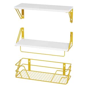 17 in. W x 6.5 in. D White and Gold Decorative Wall Shelf with Metal Bar