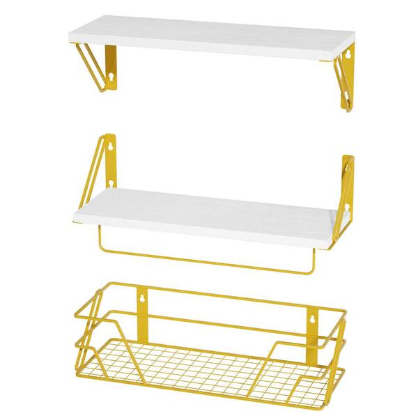Unbranded 17 in. W x 6.5 in. D White and Gold Decorative Wall Shelf with Metal Bar