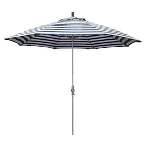 9 ft. Hammertone Grey Aluminum Market Patio Umbrella with Collar Tilt Crank Lift in Navy White Cabana Stripe Olefin