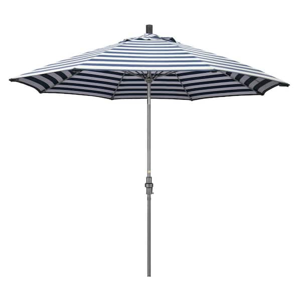 California Umbrella 9 ft. Hammertone Grey Aluminum Market Patio Umbrella with Collar Tilt Crank Lift in Navy White Cabana Stripe Olefin