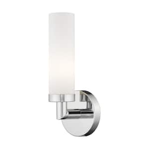 Aspen 11 in. 1-Light Polished Chrome ADA Wall Sconce with Satin Opal White Glass