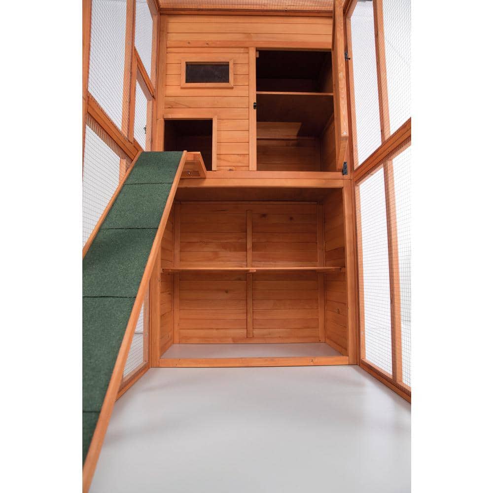 Large Brown Wooden Outdoor Cat House with Ramp
