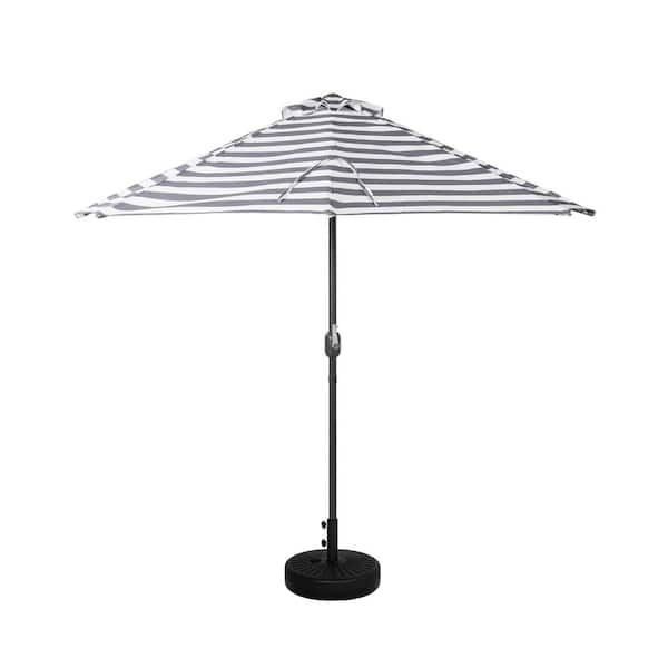 WESTIN OUTDOOR Fiji 9 ft. Gray/White Stripe Half Round Outdoor Patio Market Umbrella with Easy Crank Lift and Fillable Round Base