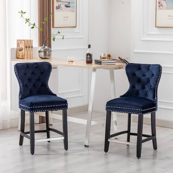 Harper 24 in. Navy Blue Velvet Tufted Wingback Kitchen Counter Stool with Black Solid Wood Frame (Set of 2)