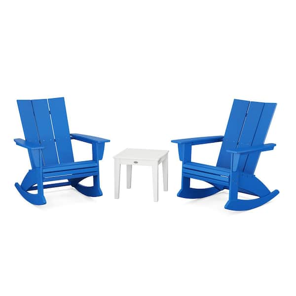 POLYWOOD Modern Curveback Adirondack Rocking Chair Pacific Blue/White 3-Piece HDPE Plastic Patio Conversation Set