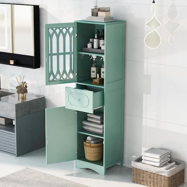 Contemporary Designed 17 in. W x 14 in. D x 64 in. H Green MDF Board Freestanding Bathroom Linen Cabinet