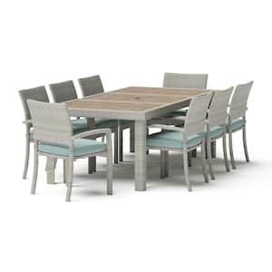 Portofino Comfort Gray 9-Piece Aluminum Outdoor Dining Set with Sunbrella Spa Blue Cushions