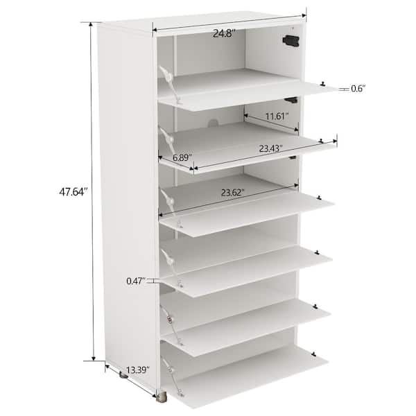 13.39 in W x 24. 8in D x 47.64 in H White Mirror Shoe Cabinet With 6 Flip Drawers, 4 Metal Legs