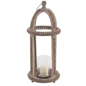 29 in. H Brown Reclaimed Wood Beaded Decorative Candle Lantern