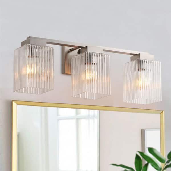 23.7 in. 3-Light Modern Brushed Nickel Bathroom Vanity Light Wall Lamp Over Mirror with Glass Shade