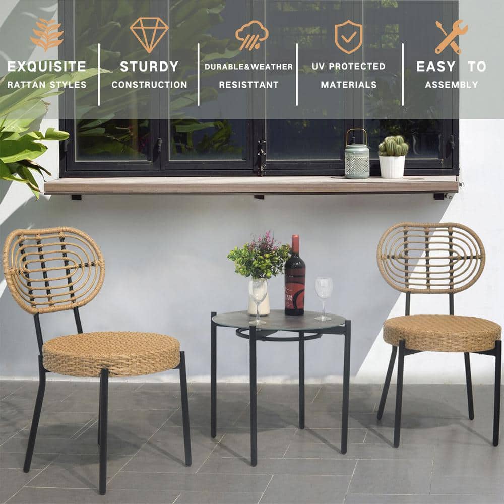 3-Piece Steel Wicker Round Outdoor Bistro Set Patio Bistro Style Table and 