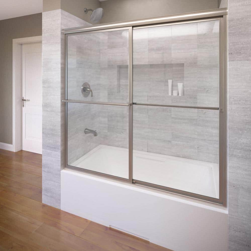Brushed Nickel and Clear Glass Sliding Tub Door, 59" Wide
