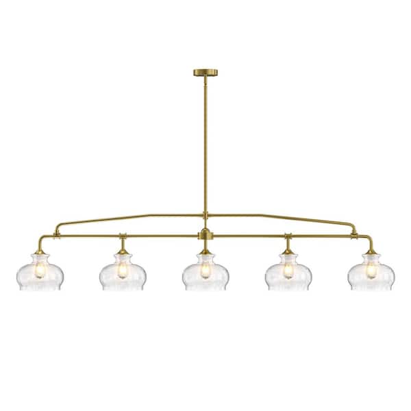 Island Light for Kitchen, 5-Light Brass Kitchen Island Linear Chandelier, Dining Room Light Fixture with Glass Shades