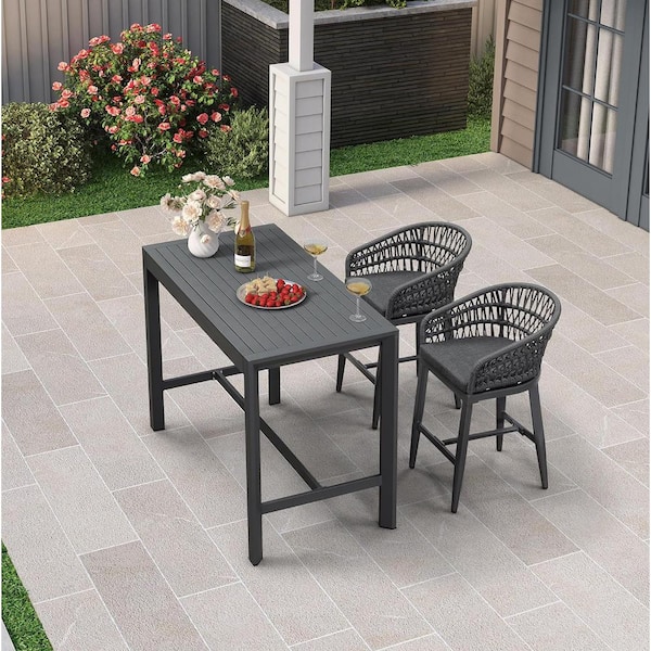 Modern Aluminum Rattan Counter Height Outdoor Bar Stool with Back and Grey Cushion (2-Pack)