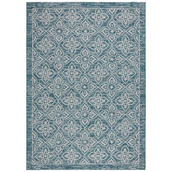 Courtyard Blue/Gray 7 ft. x 10 ft. Border Medallion Antique Indoor/Outdoor Area Rug