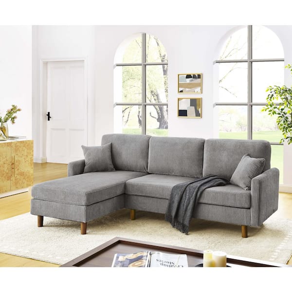 Renata 92.5 in. 2-Piece Corduroy Upholstered L-Shaped Sectional Sofa in Light Gray with Chaise, Wooden Legs