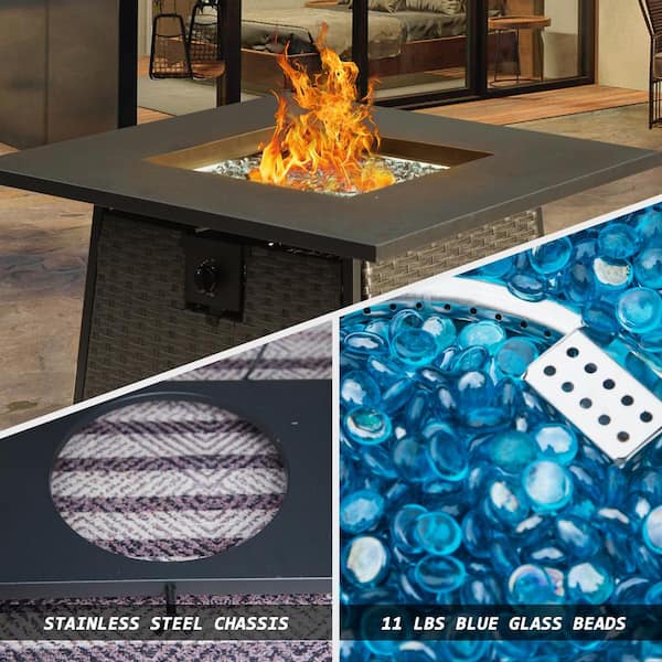 31.9 in. Grey Square Wicker Smokeless Propane Fire Pit Table with Blue Glass Ball and Steel Tabletop