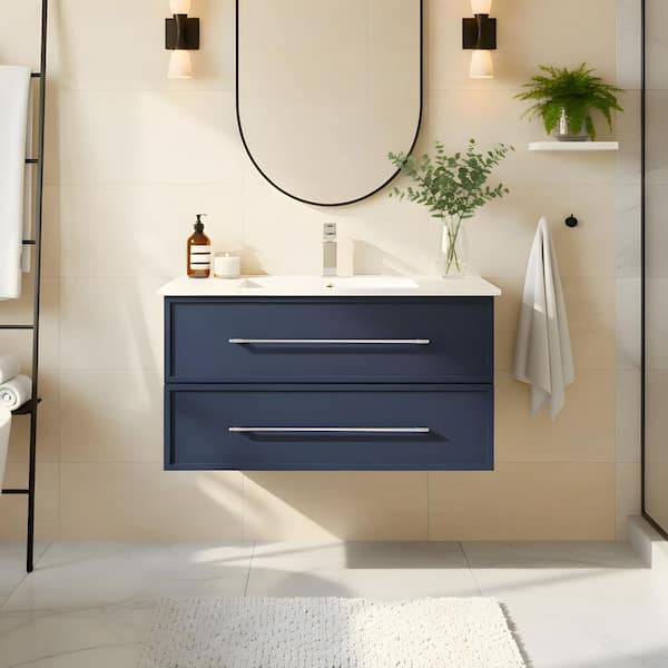 Cutler Kitchen and Bath Milano 36 in. W x 18 in. D x 20 in. H Single Sink Wall Bathroom Vanity in Blue with Cultured Marble Top in White