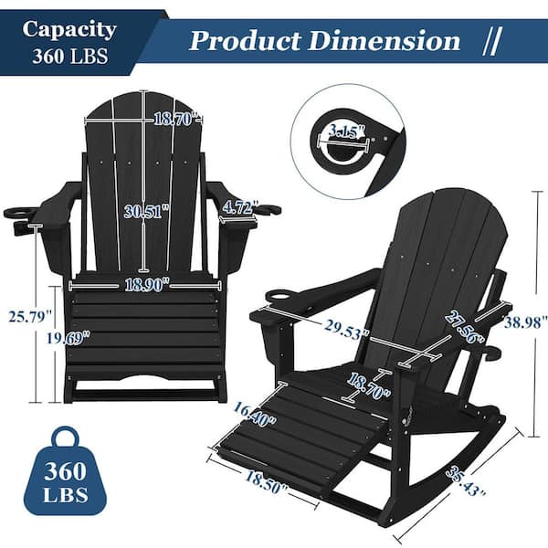 6-in-1 Multi-functional Black Plastic Folding Rocking Adirondack Chair with Dual Cup Holders and Retractable Ottoman