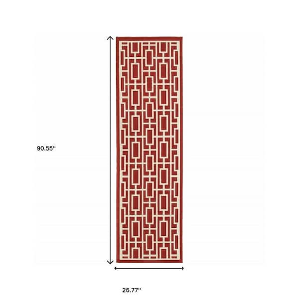 Red, Ivory 2 ft. x 8 ft. Loomed Geometric Polypropylene Rectangle Indoor/Outdoor Area Rug