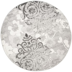 Adirondack Silver/Ivory 10 ft. x 10 ft. Floral Damask Round Area Rug