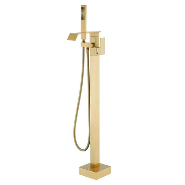 AIMADI Single-Handle Freestanding Tub Faucet with Hand Shower Brass 1-Hole Waterfall Floor Mounted Tub Fillers in Brushed Gold