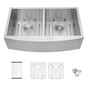 Stainless Steel 18 Gauge 36 in. Double Bowl Farmhouse Apron 50/50 Farm Kitchen Sink with Bottom Grid