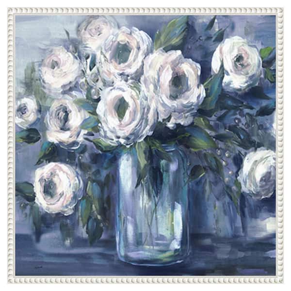 Amanti Art Indigo and White Blooms in Mason Jar by Tre Sorelle Studios 22 in. W x 22 in. H. Canvas Wall Art Print Framed in White