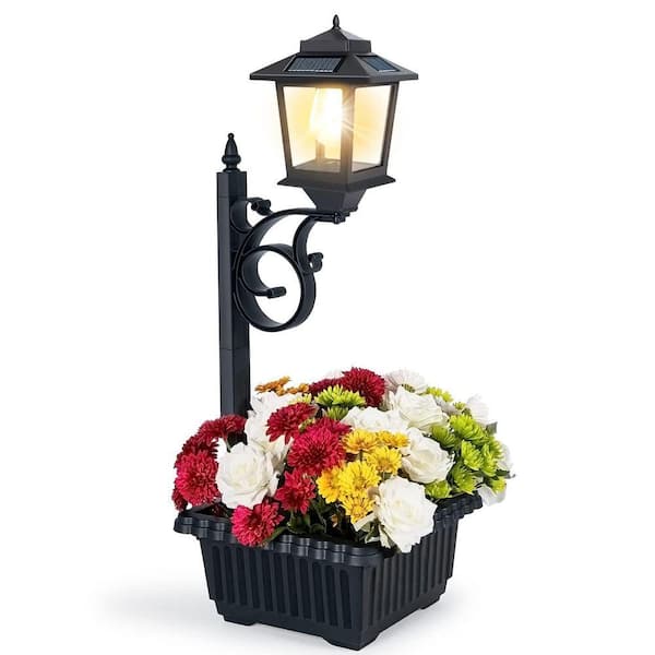 2-in-1 Solar Flower Pot Lamp Post, Wall Mount or Freestanding Waterproof Outdoor Decorative Light