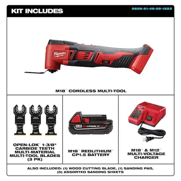 M18 18V LithIon Cordless MultiTool Kit, 1.5 Ah Battery,Charger& 1-3/8 Carbide Univ Fit Wood&Metal Oscillating Blade(3PK)