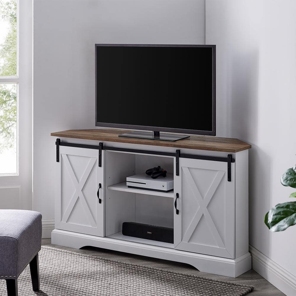 White and Brown MDF Corner TV Stand with Sliding Barn Doors