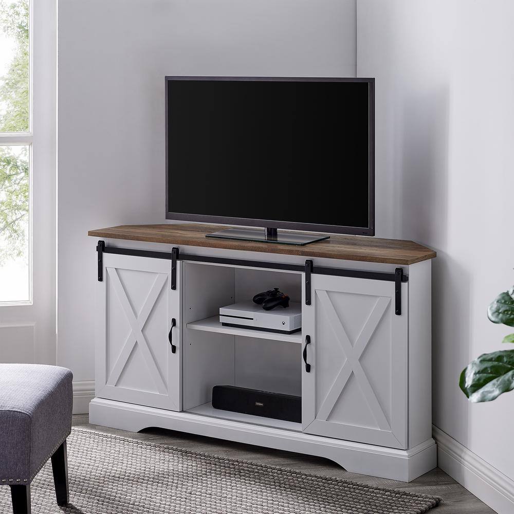White and Brown MDF Corner TV Stand with Sliding Barn Doors