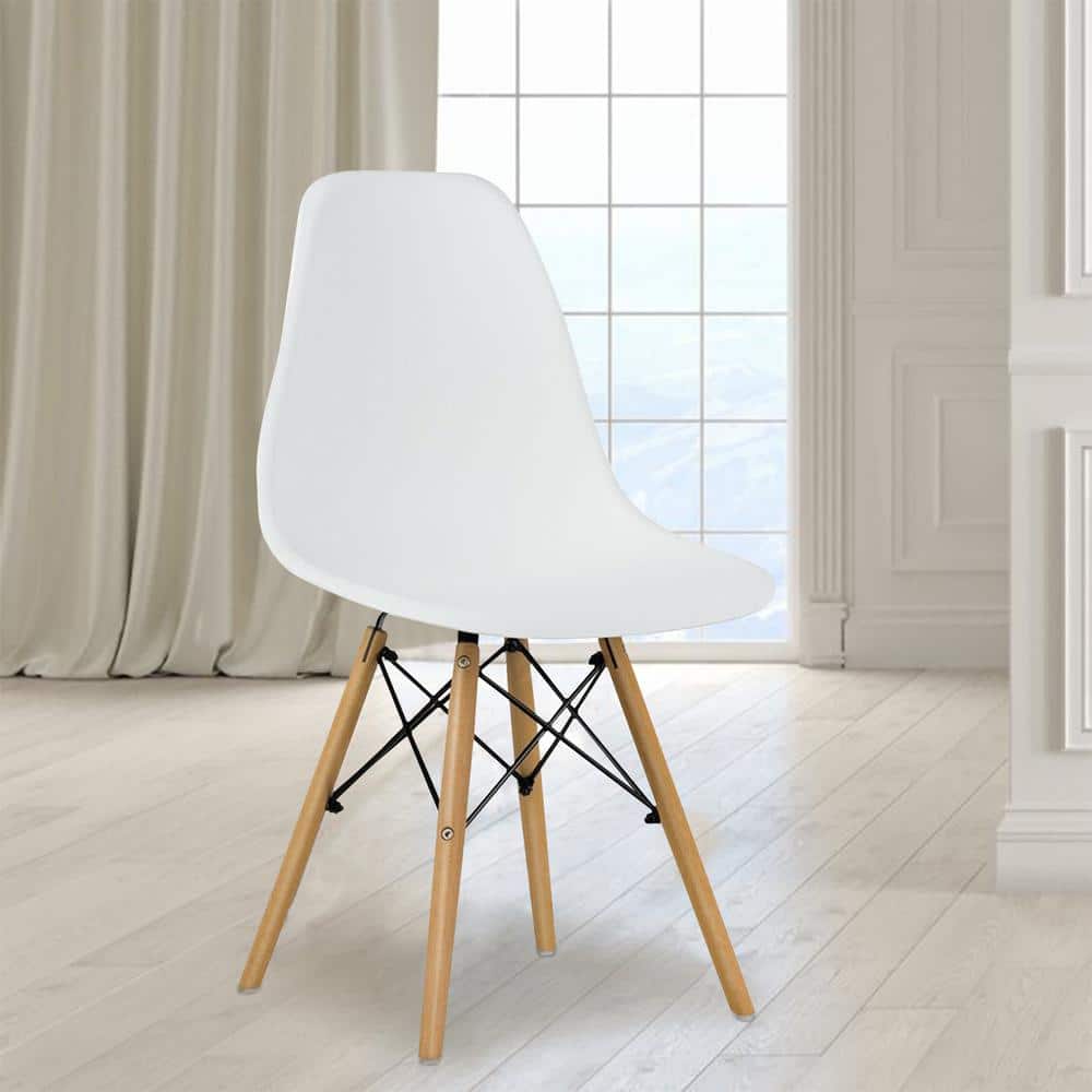 White Armless Dining Side Chairs with Beech Wood Legs (Set of 4)