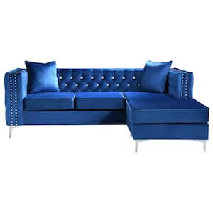 Paige 87 in. Blue Tufted Velvet Sectional with 2-Throw Pillows