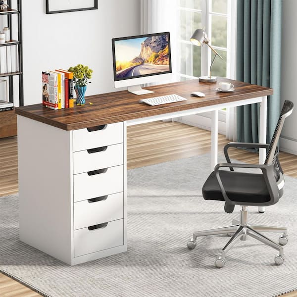BYBLIGHT Moronia 47.24 in. White and Brown Computer Desk with 5 Drawers, Home Office Desk with Storage(Reversible Drawer Cabinet)