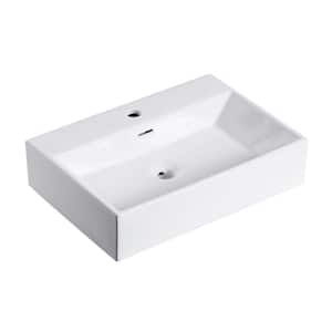 24 in. Rectangle White Ceramic Vessel Bathroom Vanity Sink with Overflow