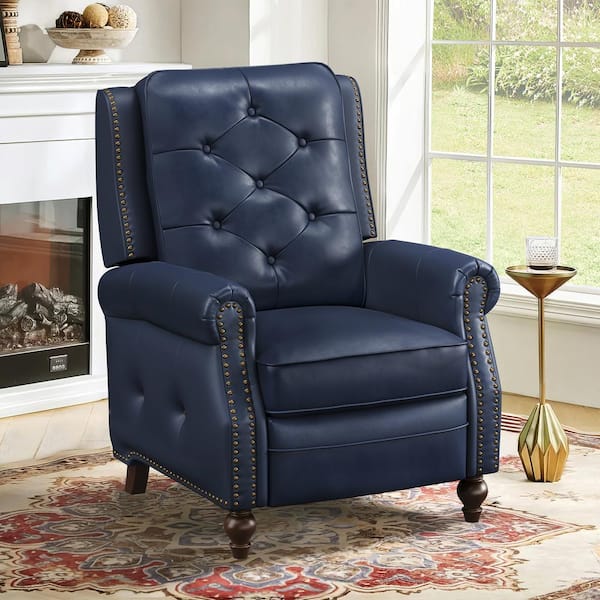 Alano Navy Top Genuine Leather Recliner Chair with Push Back Recliner with Nail Head Trim