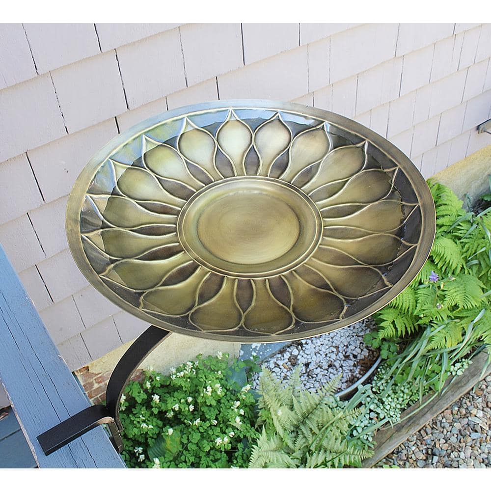 Antique Brass African Daisy Birdbath with Black Iron Rail Mount