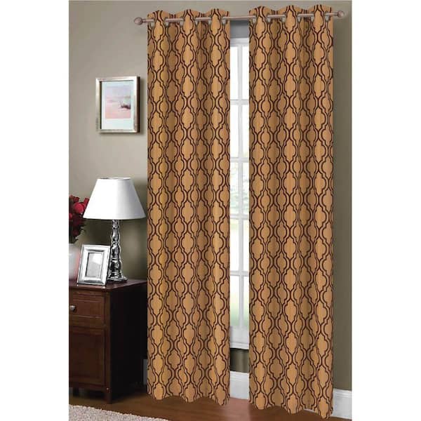 Window Elements Lattice Flocked Faux Silk 38 in. W x 84 in. L Polyester Semi-Opaque Window Panel in Taupe/Chocolate (Set of 2)