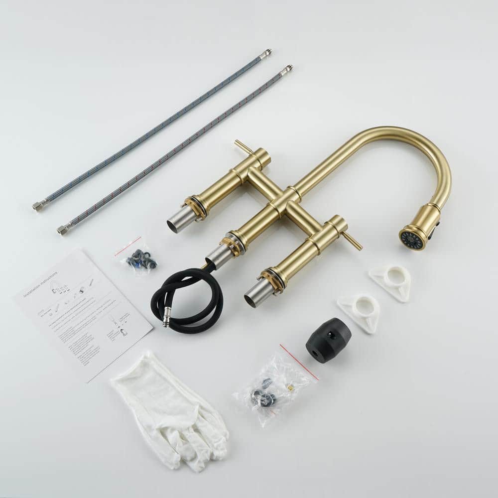 Brushed Gold Double Handle Bridge Kitchen Faucet with Pull Down Sprayer