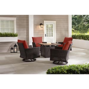 Lakeline 5-Piece Brown Metal Outdoor Patio Fire Pit Swivel Seating Set with Sunbrella Henna Red Cushions