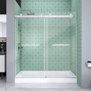 72 in. W x 76 in. H Glass Shower Door Frameless Double Sliding in Brushed Nickel Shower Doors with 5/16 in. Clear Glass