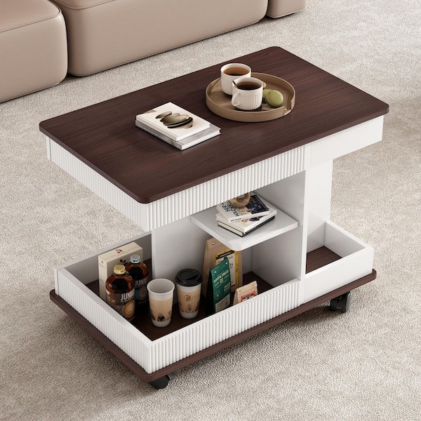 17.7 in. White Rectangle MDF End Table with Wheels, Shelves and 360° Rotating Top