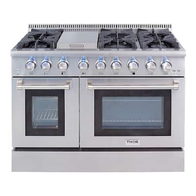 Pre-Converted Propane 48 in. 6.7 cu. ft. Double Oven Gas Fuel Range with Convection Oven in Stainless Steel