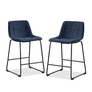 Winterfield 22.5 in. Blue Low Back Metal Counter Height Stool With Chenille Fabric Seat Set of 2