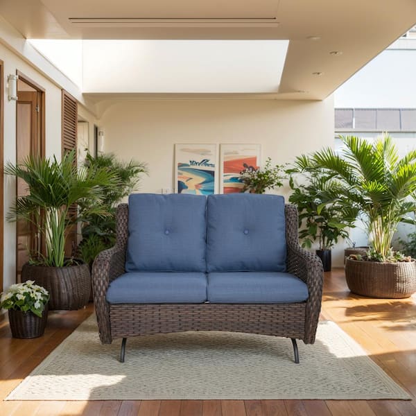 moosprr Brown PE Wicker Outdoor Loveseat with Blue Cushions and Glide Function