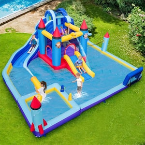 Rocket Theme Inflatable Water Slide Park Bounce House with 2-Slides Splash Pool and 1100-Watt Blower