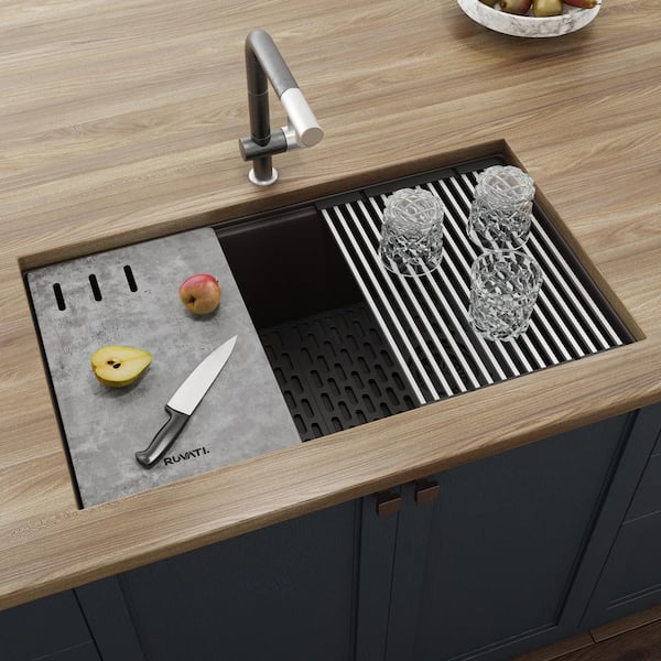 EpiStage 33 in. Undermount Single Bowl Kitchen Sink in Coffee Brown Granite Quartz Composite with Offset Drain