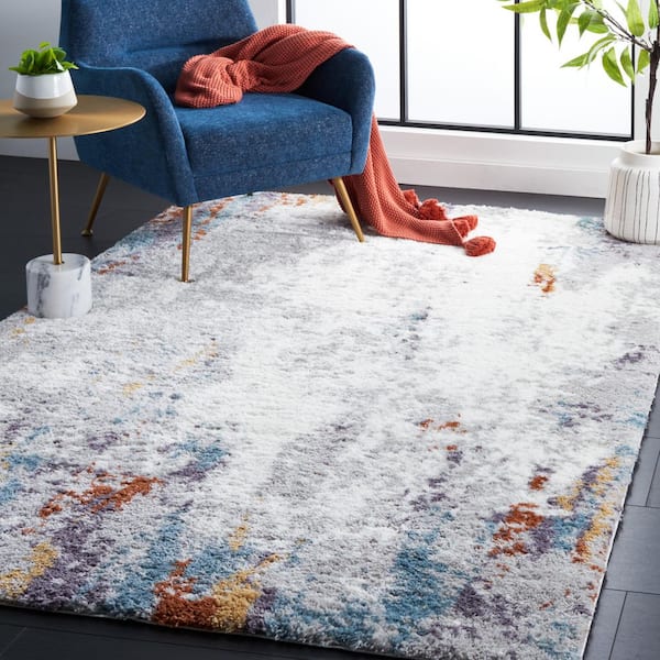 Berber Shag Blue Rust/Ivory 9 ft. x 12 ft. Distressed Area Rug